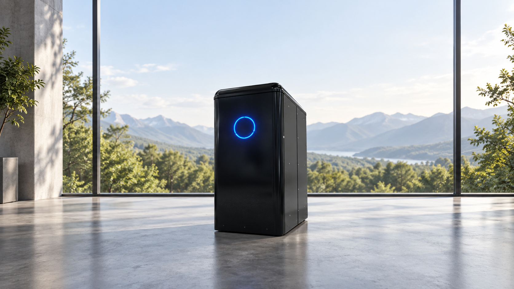 CarbinX product visualisation in a modern glass building overlooking a green mountain landscape