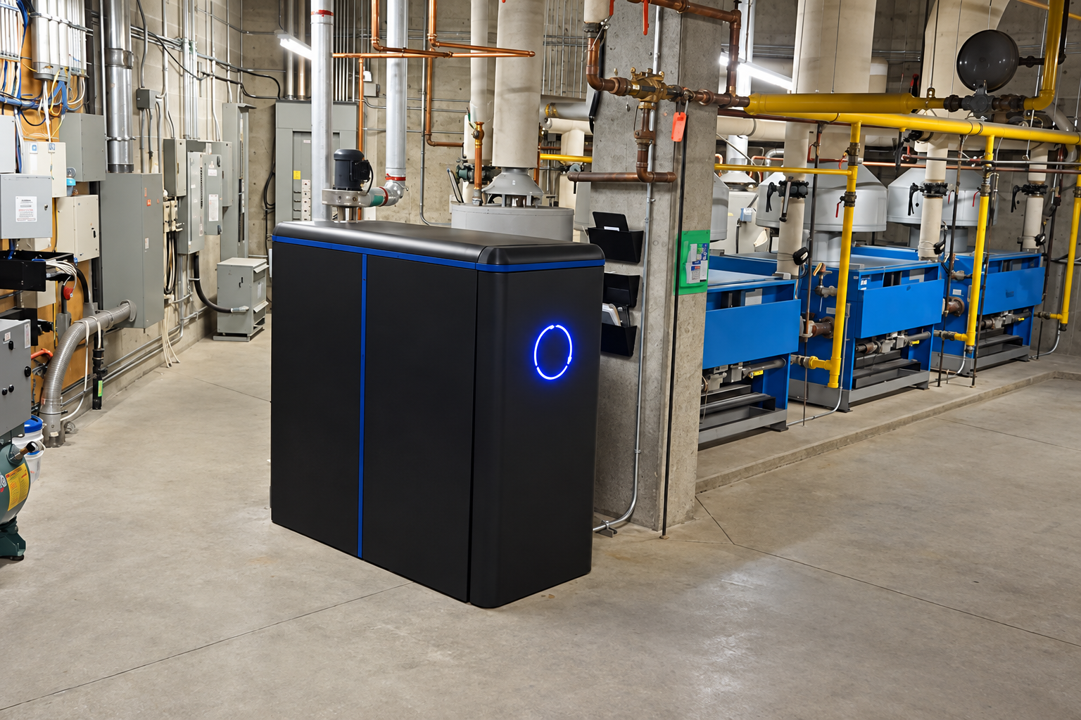 AI-enhanced photograph of a CarbinX installation in a mechanical room